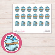 Blue Heart Cupcake Planner Stickers | DDZ-3865 — 4 × 3 inch sheet and enlarged sticker detail