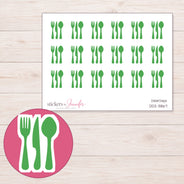Green Fork and Spoon Planner Stickers | DDZ-3867 — 4 × 3 inch sheet and enlarged sticker detail