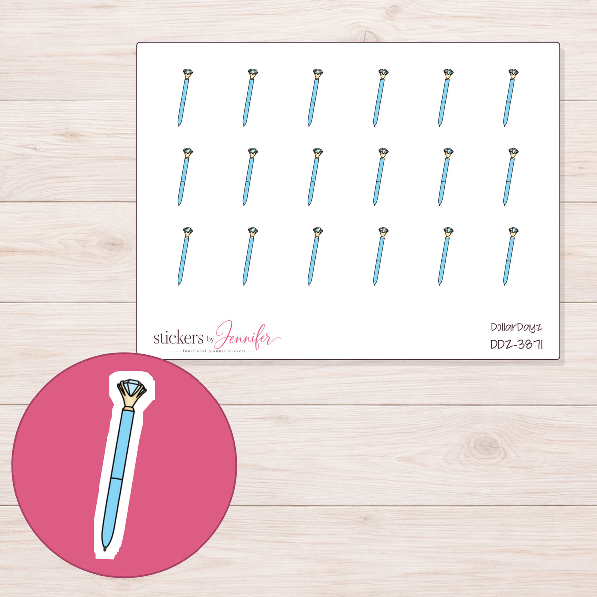 Blue Diamond Pen Planner Stickers | DDZ-3871 — 4 × 3 inch sheet and enlarged sticker detail