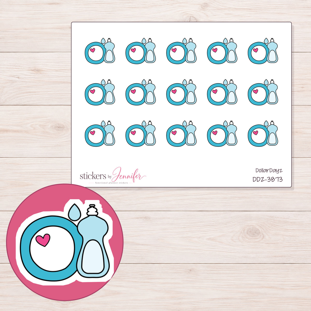 Blue Dish Soap and Plate Planner Stickers | DDZ-3873 — 4 × 3 inch sheet and enlarged sticker detail