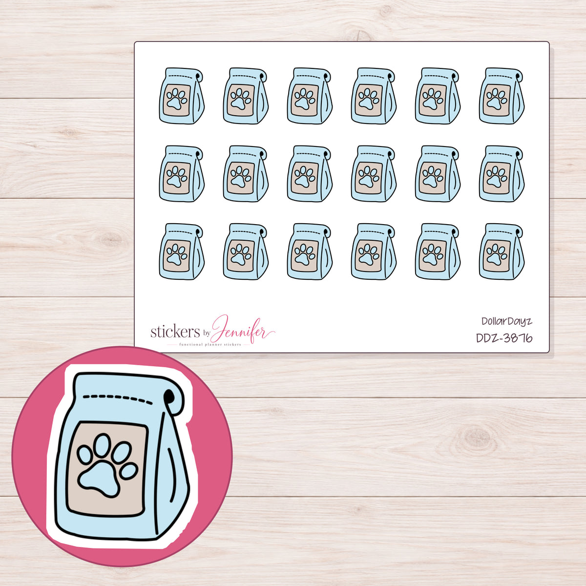Blue Dog Food Bag Planner Stickers | DDZ-3876 — 4 × 3 inch sheet and enlarged sticker detail