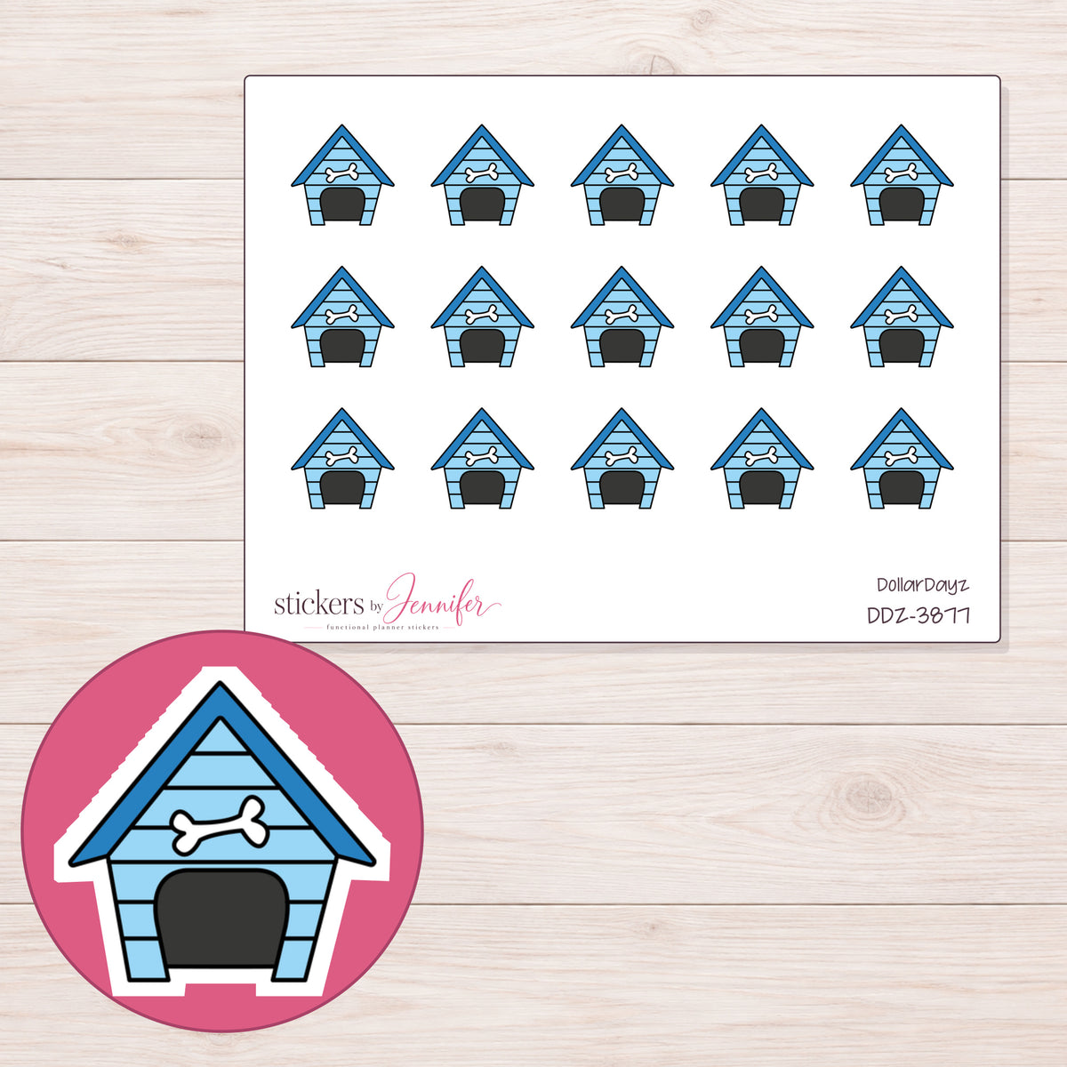 Blue Doghouse Planner Stickers | DDZ-3877 — 4 × 3 inch sheet and enlarged sticker detail