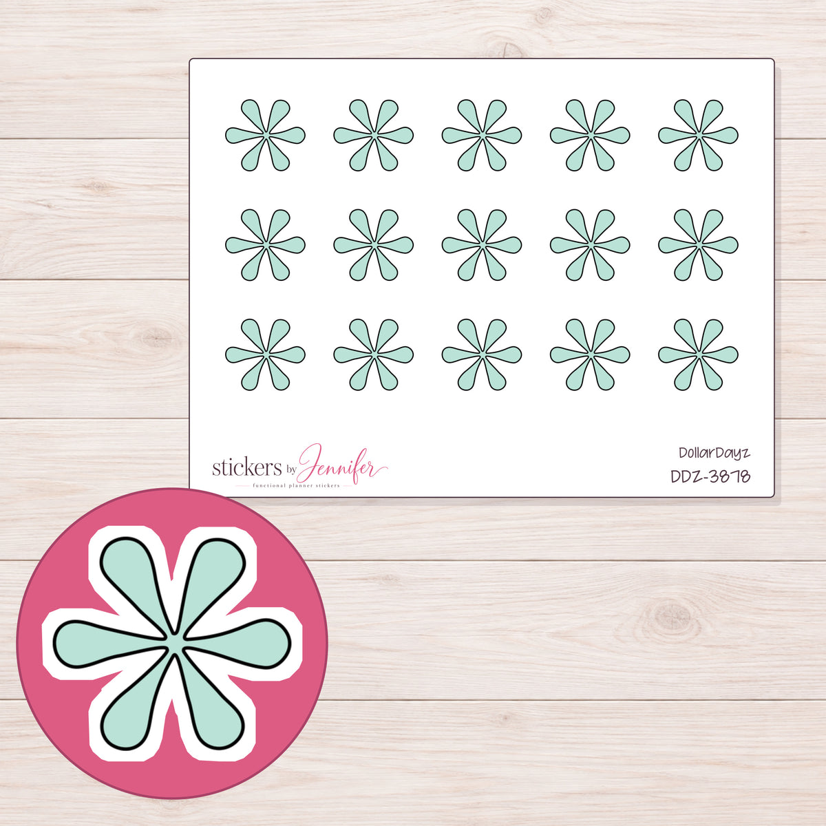 Mint Doodle Asterisk Planner Stickers | DDZ-3878 — 4 × 3 inch sheet and enlarged sticker detail