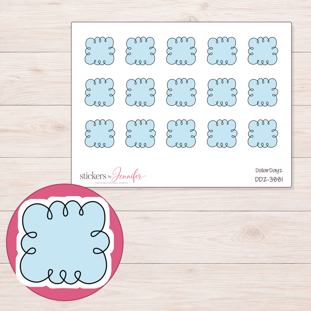 Pale Blue Curly Cloud Label Planner Stickers | DDZ-3881 — 4 × 3 inch sheet and enlarged sticker detail