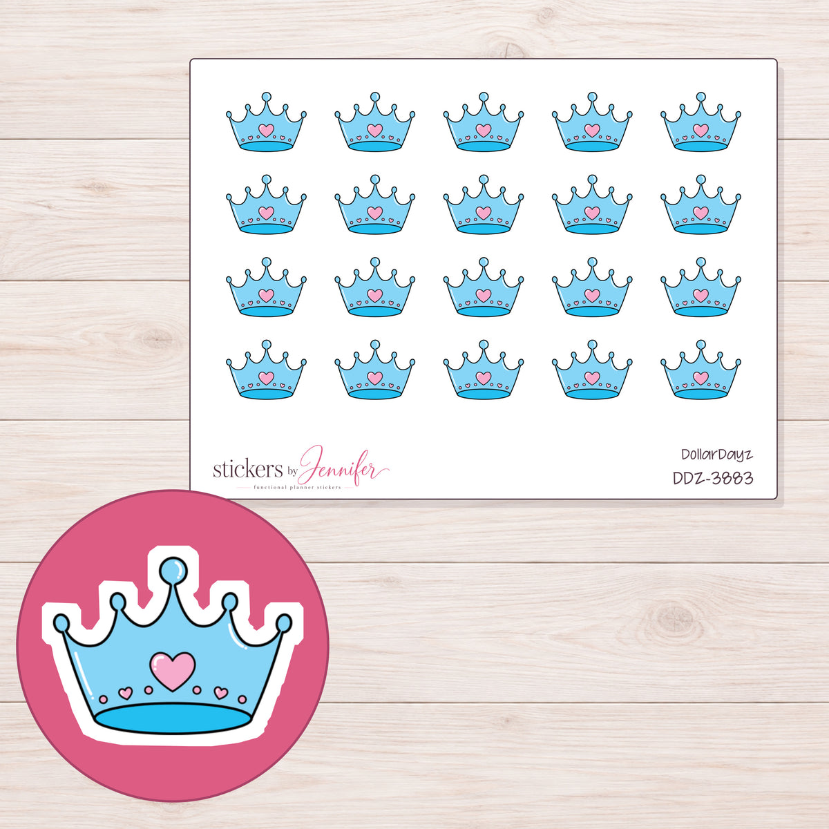 Blue Heart Crown Planner Stickers | DDZ-3883 — 4 × 3 inch sheet and enlarged sticker detail