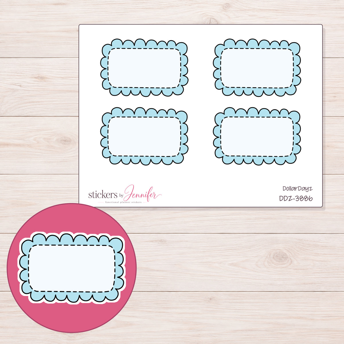Blue Doodle Scallop Half Box Planner Stickers | DDZ-3886 — 4 × 3 inch sheet and enlarged sticker detail