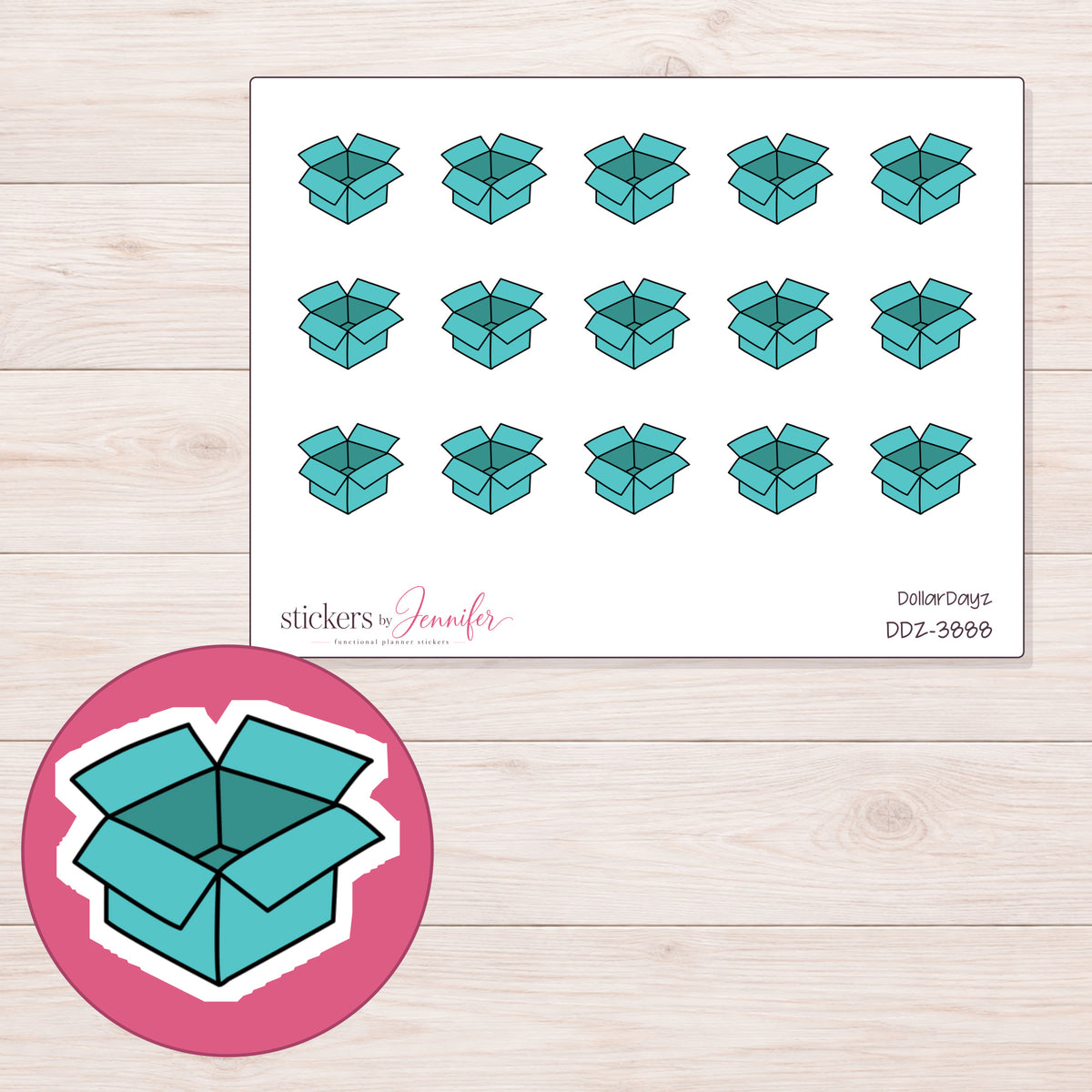 Teal Open Shipping Box Planner Stickers | DDZ-3888 — 4 × 3 inch sheet and enlarged sticker detail