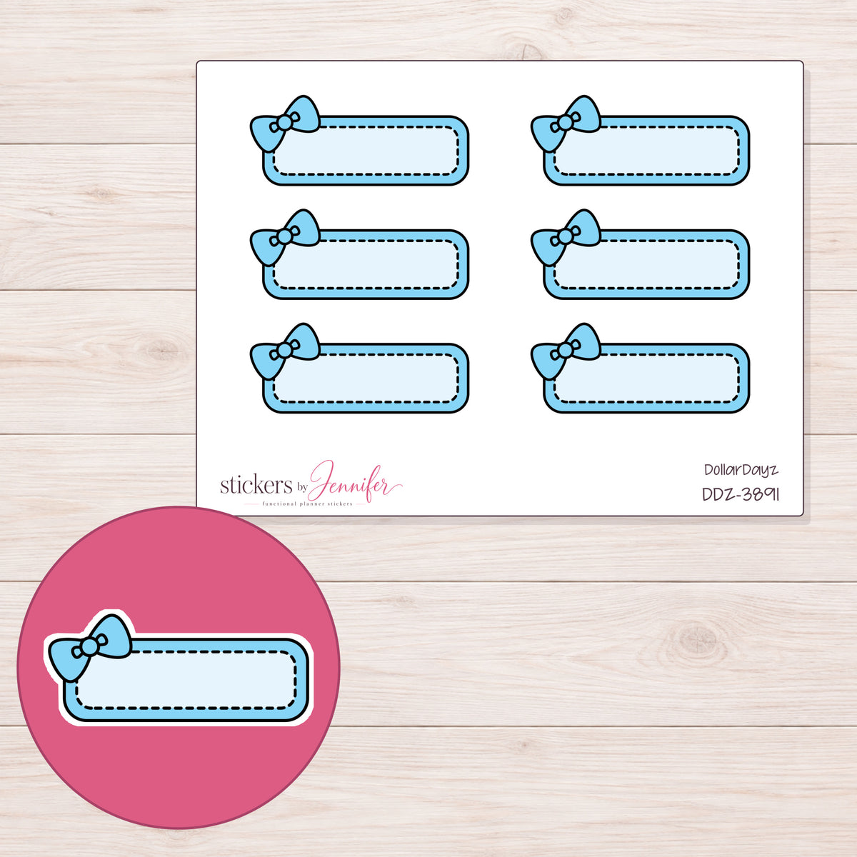 Blue Bow Quarter Box Label Planner Stickers | DDZ-3891 — 4 × 3 inch sheet and enlarged sticker detail