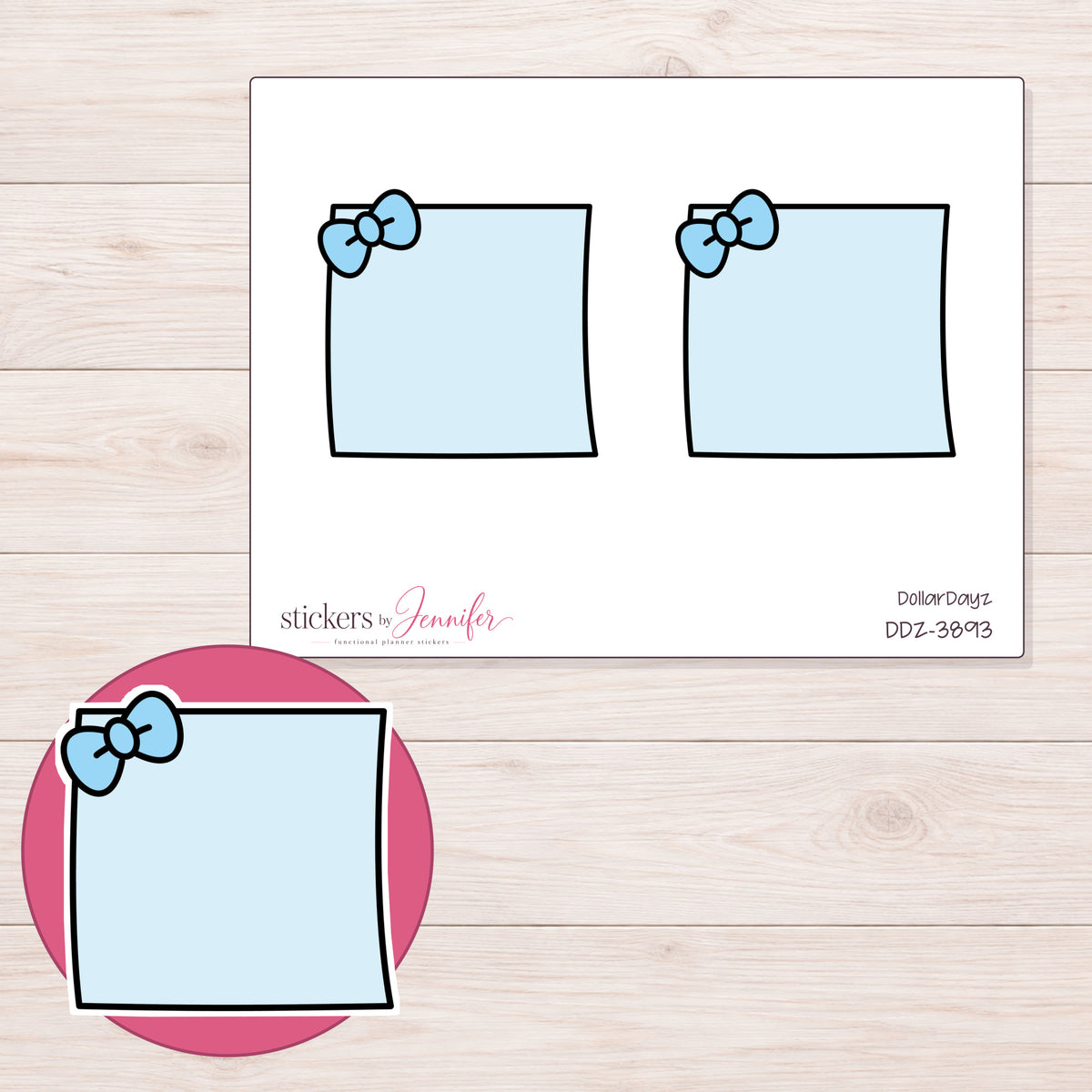 Blue Bow Note Planner Stickers | DDZ-3893 — 4 × 3 inch sheet and enlarged sticker detail