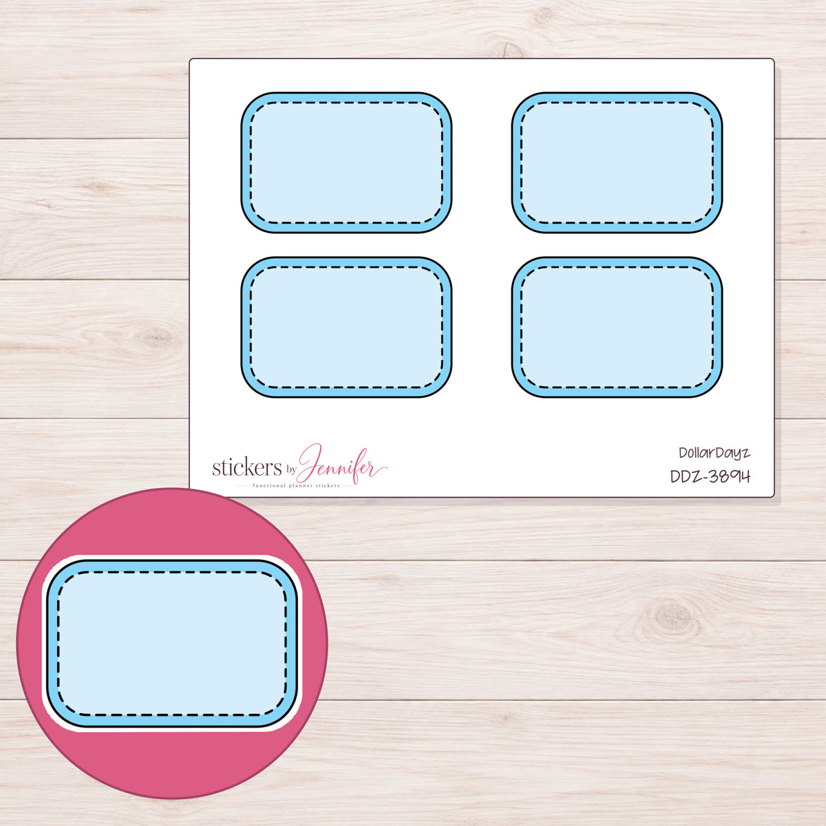 Blue Stitched Half Box Label Planner Stickers | DDZ-3894 — 4 × 3 inch sheet and enlarged sticker detail