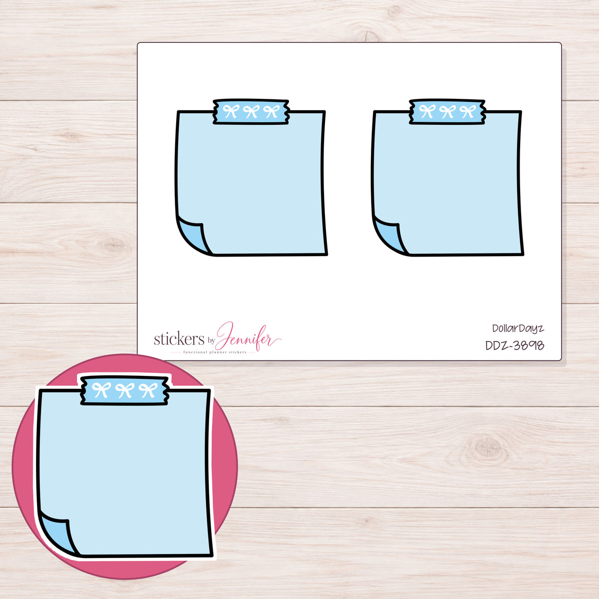 Blue Top-Tape Note Planner Stickers | DDZ-3898 — 4 × 3 inch sheet and enlarged sticker detail