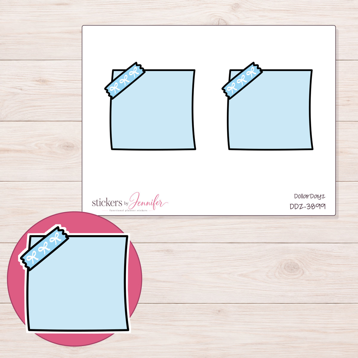 Blue Corner-Tape Note Planner Stickers | DDZ-3899 — 4 × 3 inch sheet and enlarged sticker detail