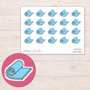 Blue Rolled Yoga Mat Planner Stickers | DDZ-3900 — 4 × 3 inch sheet and enlarged sticker detail