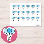Three Blue Balloons Planner Stickers | DDZ-3901 — 4 × 3 inch sheet and enlarged sticker detail
