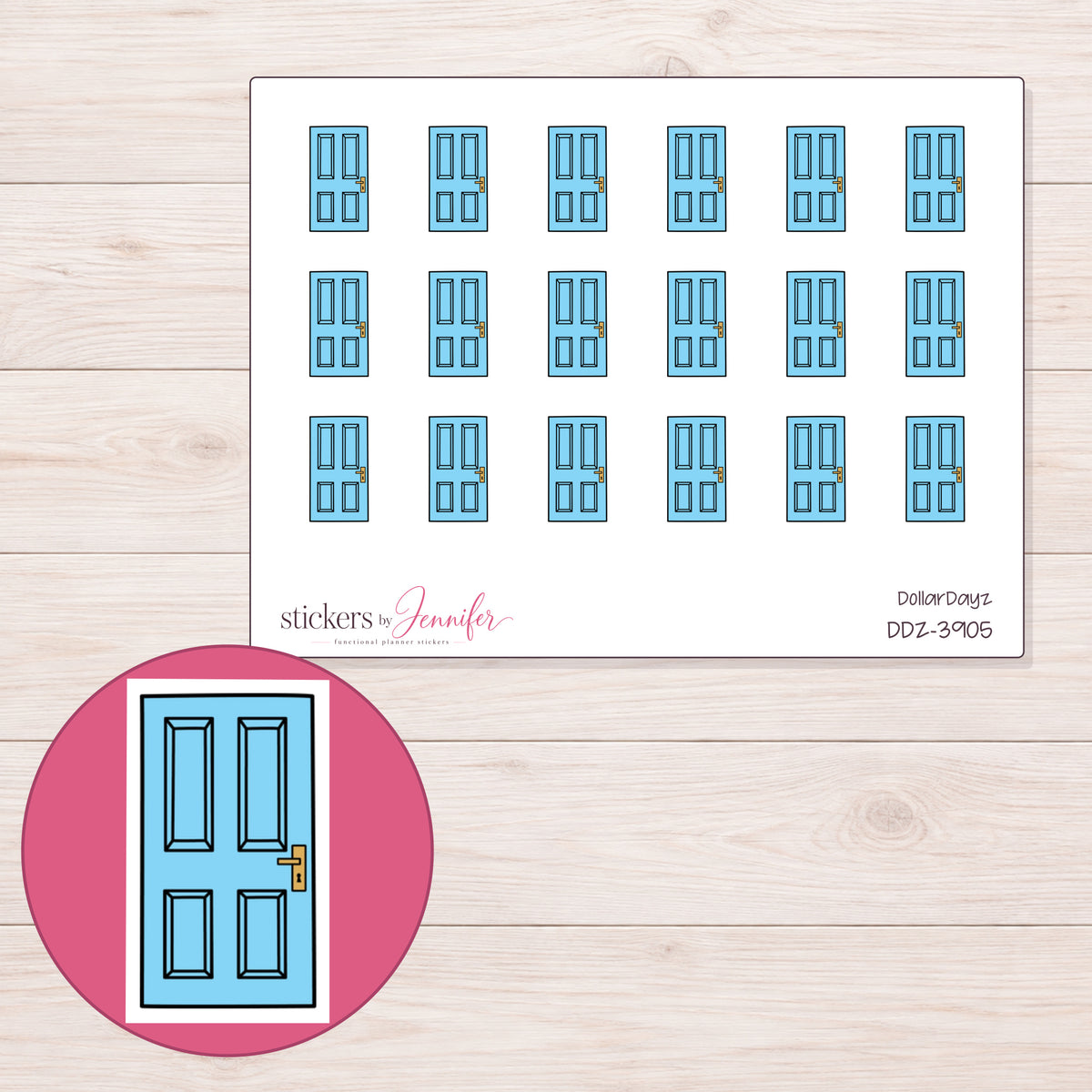 Blue Front Door Planner Stickers | DDZ-3905 — 4 × 3 inch sheet and enlarged sticker detail