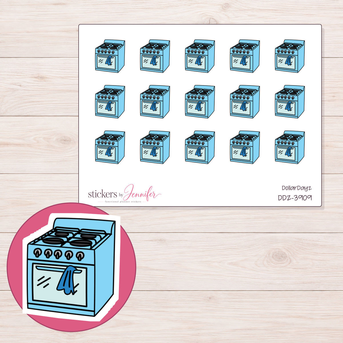 Blue Kitchen Stove Planner Stickers | DDZ-3909 — 4 × 3 inch sheet and enlarged sticker detail