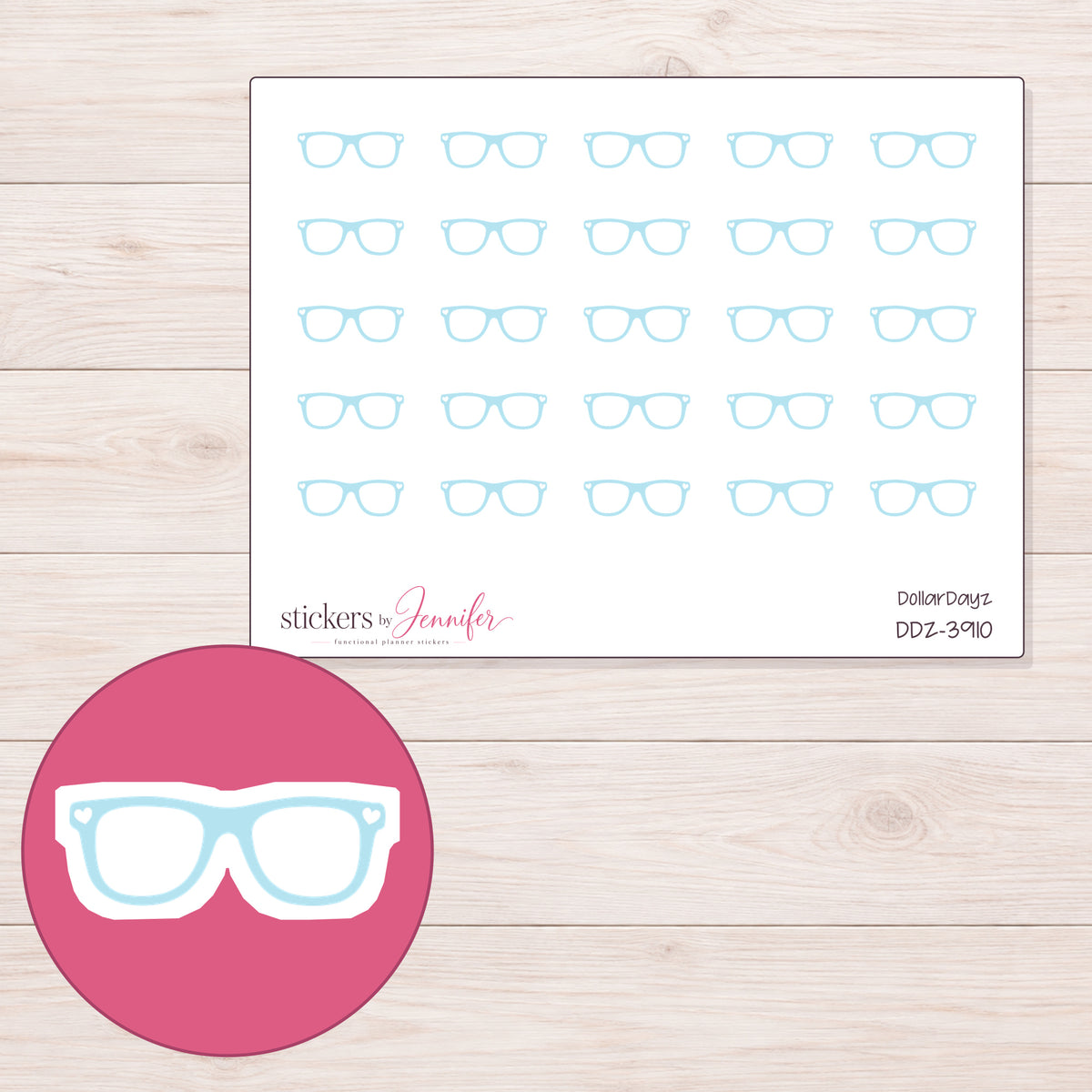 Pale Blue Eyeglasses Planner Stickers | DDZ-3910 — 4 × 3 inch sheet and enlarged sticker detail