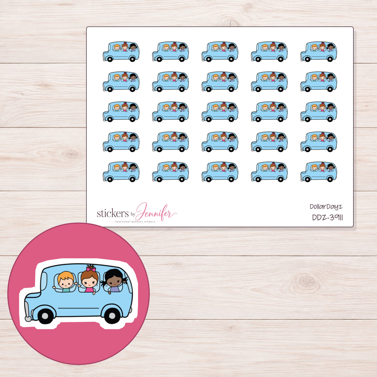 Blue School Trip Bus Planner Stickers | DDZ-3911 — 4 × 3 inch sheet and enlarged sticker detail