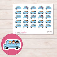 Blue School Trip Bus Planner Stickers | DDZ-3911 — 4 × 3 inch sheet and enlarged sticker detail