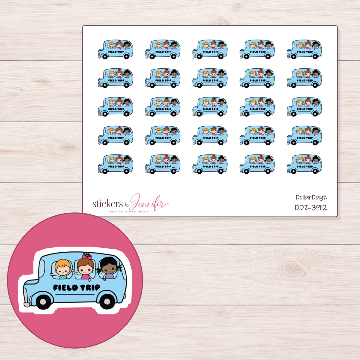 Blue Field Trip Lettered Bus Planner Stickers | DDZ-3912 — 4 × 3 inch sheet and enlarged sticker detail