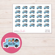 Blue Field Trip Lettered Bus Planner Stickers | DDZ-3912 — 4 × 3 inch sheet and enlarged sticker detail