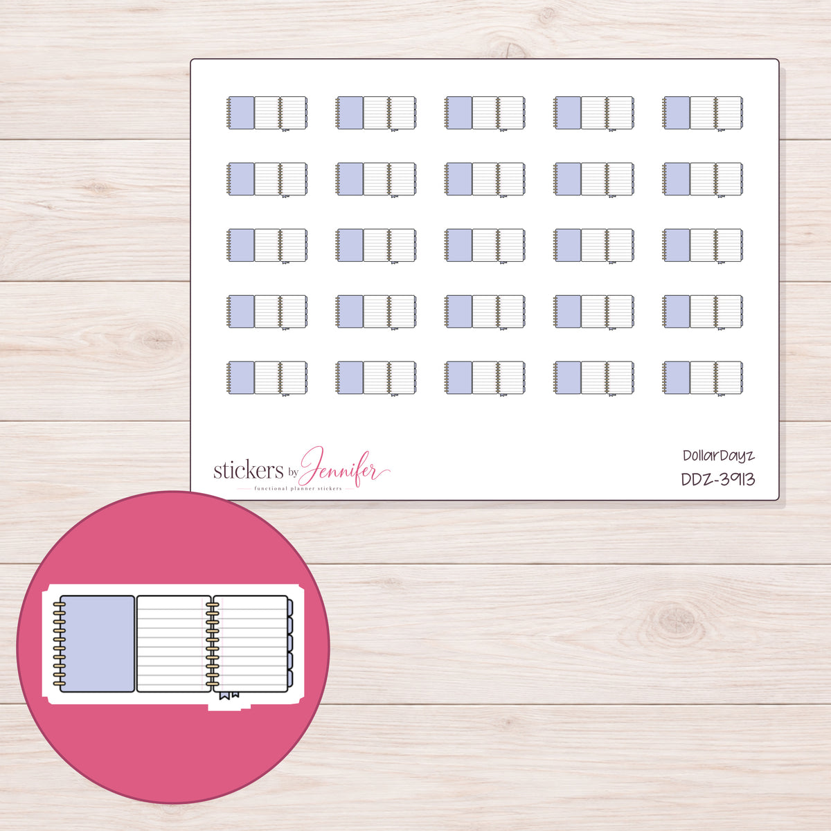 Lavender Foldout Planner Stickers | DDZ-3913 — 4 × 3 inch sheet and enlarged sticker detail