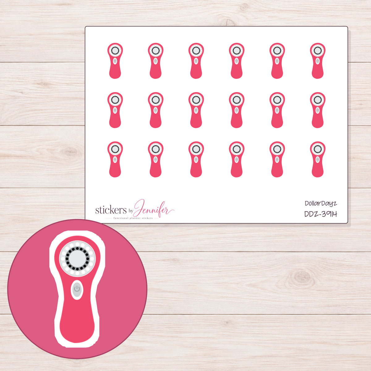 Bright Pink Facial Cleansing Brush Planner Stickers | DDZ-3914 — 4 × 3 inch sheet and enlarged sticker detail
