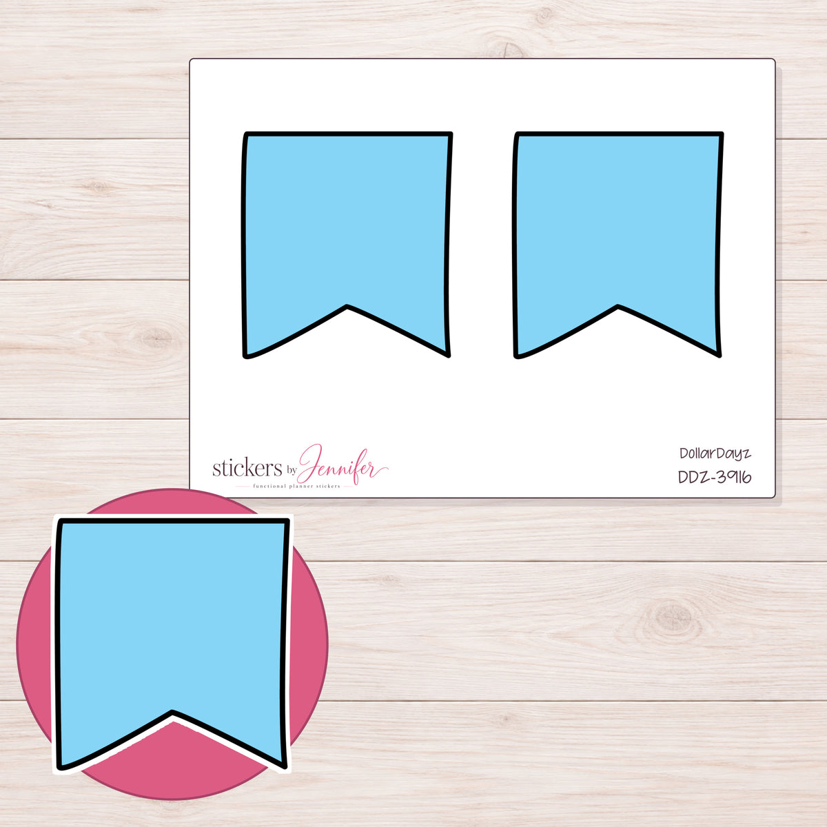 Blue Fishtail Flag Planner Stickers | DDZ-3916 — 4 × 3 inch sheet and enlarged sticker detail