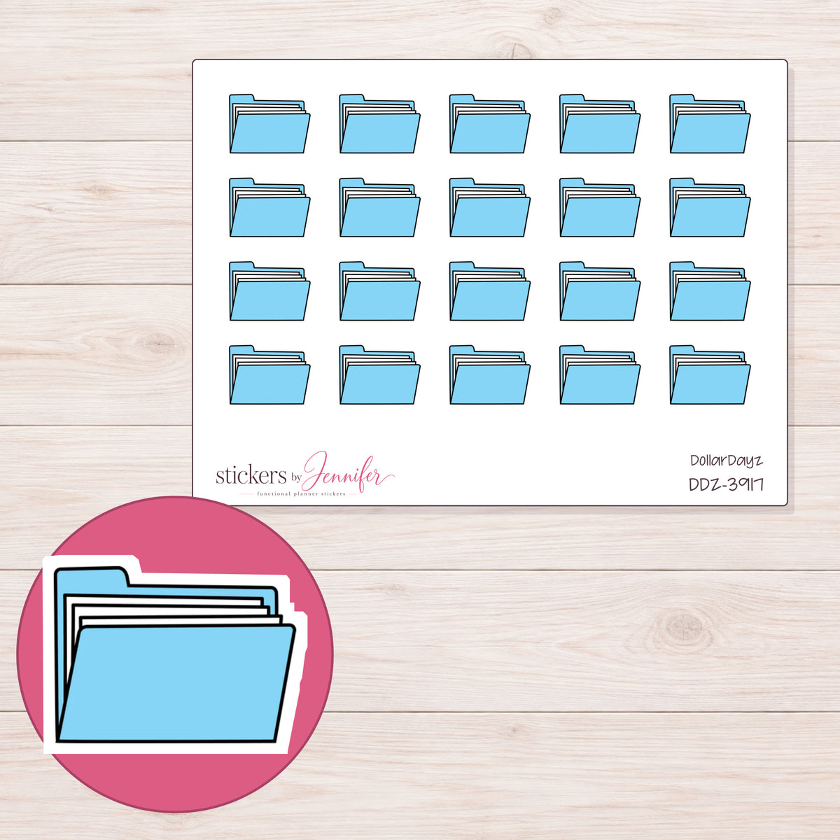 Blue File Folder Planner Stickers | DDZ-3917 — 4 × 3 inch sheet and enlarged sticker detail