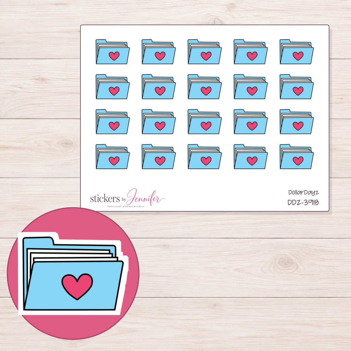 Blue Heart File Folder Planner Stickers | DDZ-3918 — 4 × 3 inch sheet and enlarged sticker detail