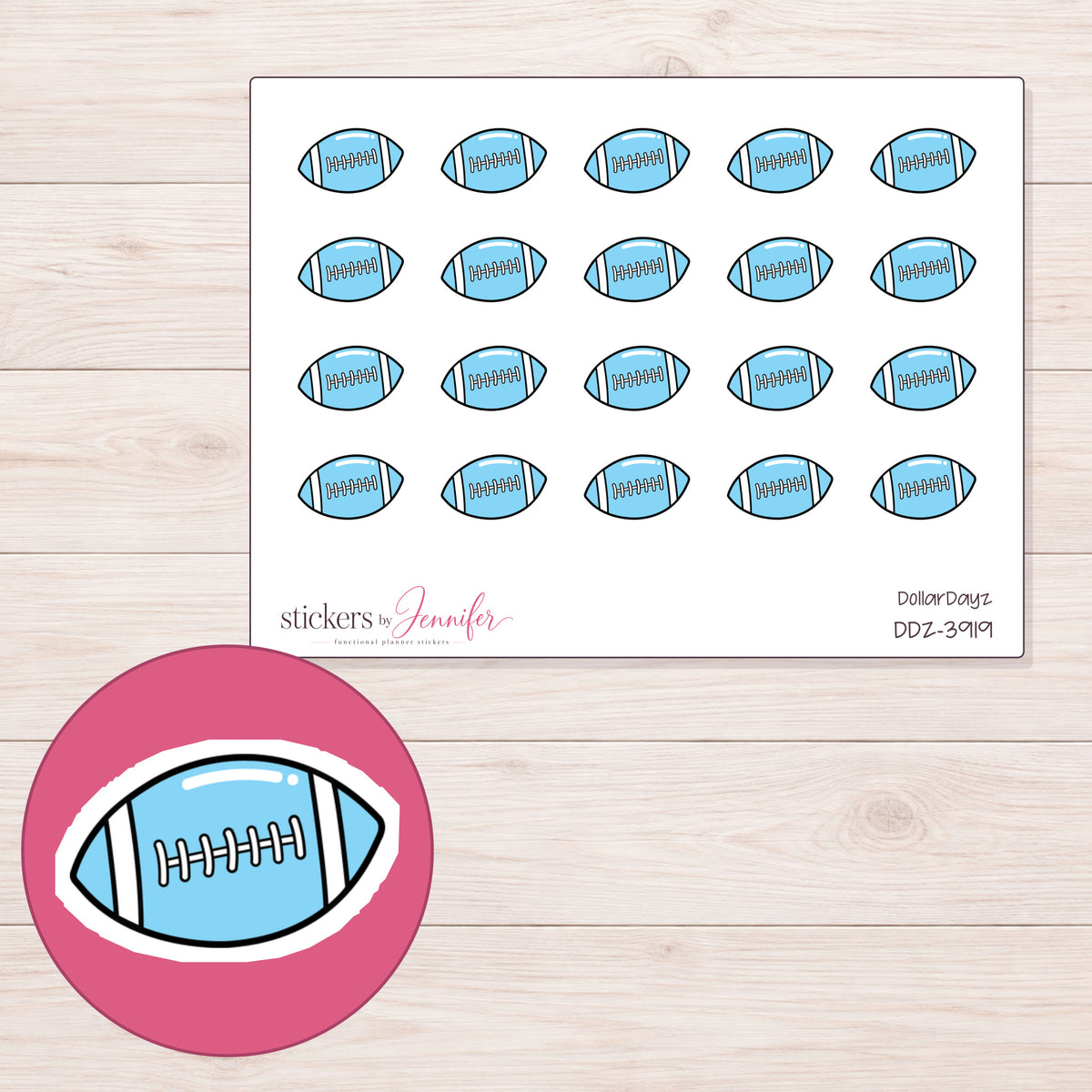 Blue Football Planner Stickers | DDZ-3919 — 4 × 3 inch sheet and enlarged sticker detail