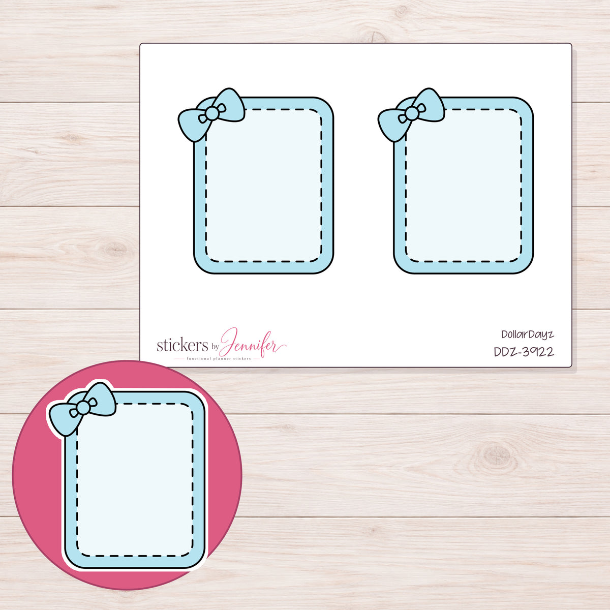 Blue Bow Full Box Planner Stickers | DDZ-3922 — 4 × 3 inch sheet and enlarged sticker detail