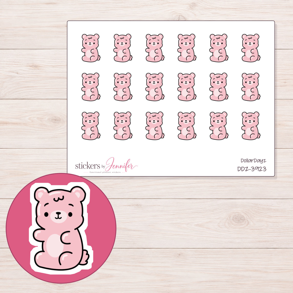 Blush Pink Gummy Bear Planner Stickers | DDZ-3923 — 4 × 3 inch sheet and enlarged sticker detail