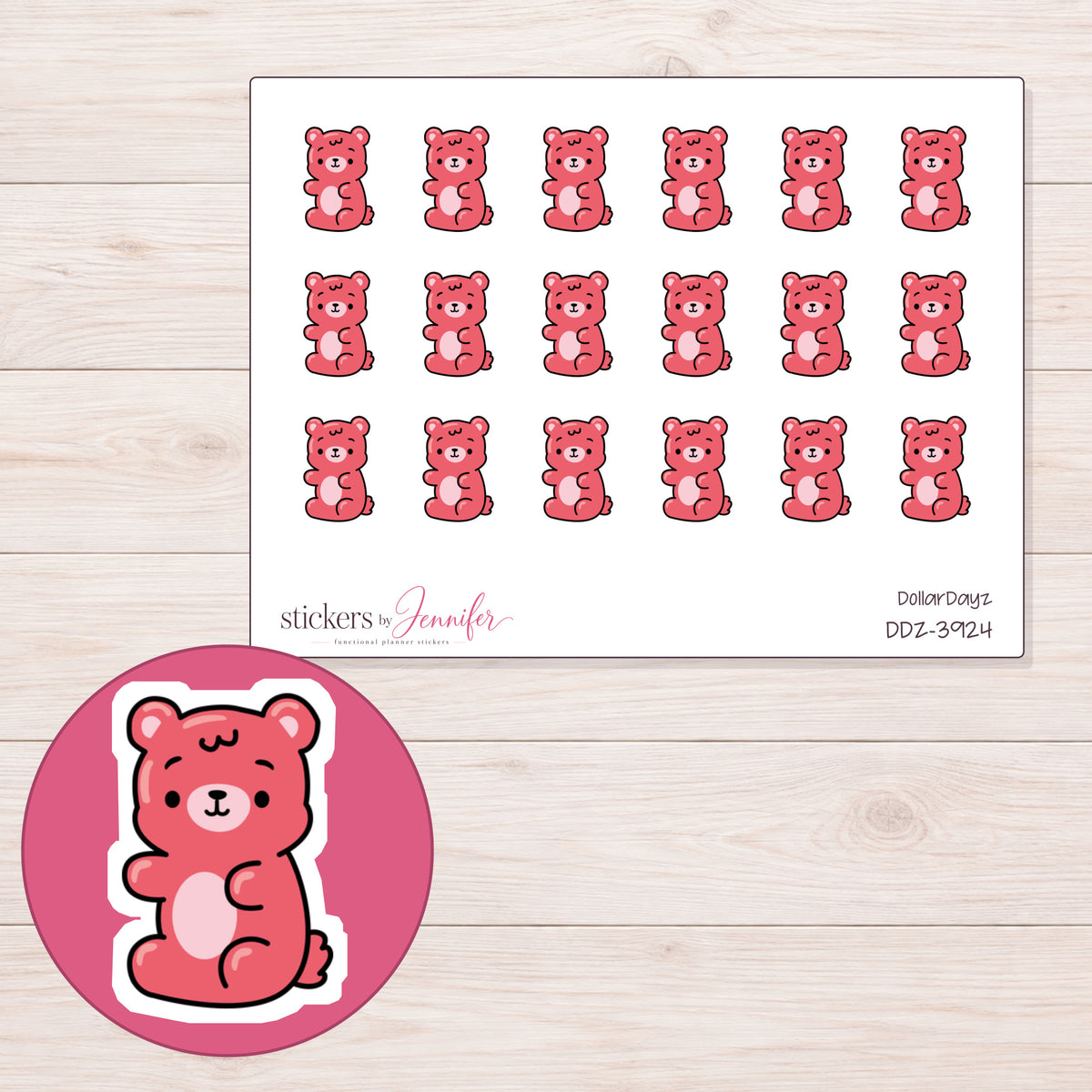Coral Pink Gummy Bear Planner Stickers | DDZ-3924 — 4 × 3 inch sheet and enlarged sticker detail