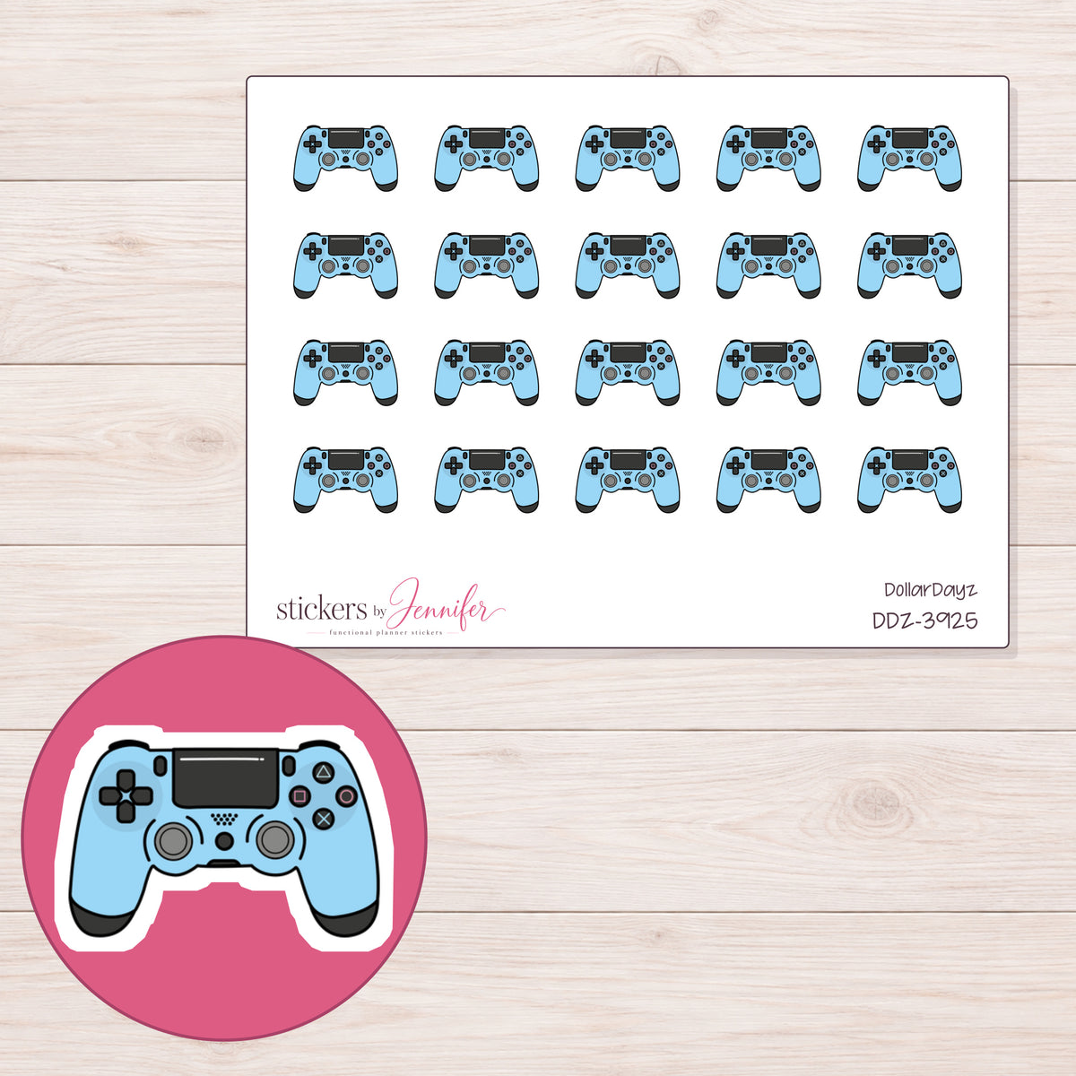 Blue Game Controller Planner Stickers | DDZ-3925 — 4 × 3 inch sheet and enlarged sticker detail