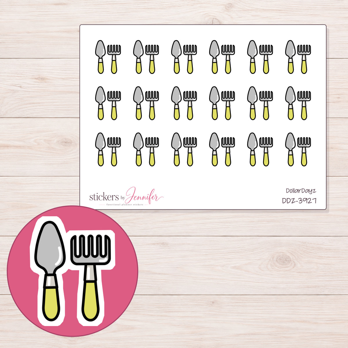 Yellow Gardening Tools Planner Stickers | DDZ-3927 — 4 × 3 inch sheet and enlarged sticker detail