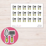 Yellow Gardening Tools Planner Stickers | DDZ-3927 — 4 × 3 inch sheet and enlarged sticker detail