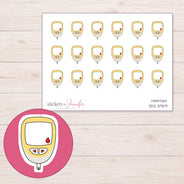 Yellow Glucose Meter Planner Stickers | DDZ-3929 — 4 × 3 inch sheet and enlarged sticker detail
