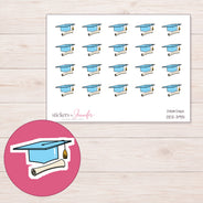 Blue Graduation Cap and Diploma Planner Stickers | DDZ-3931 — 4 × 3 inch sheet and enlarged sticker detail