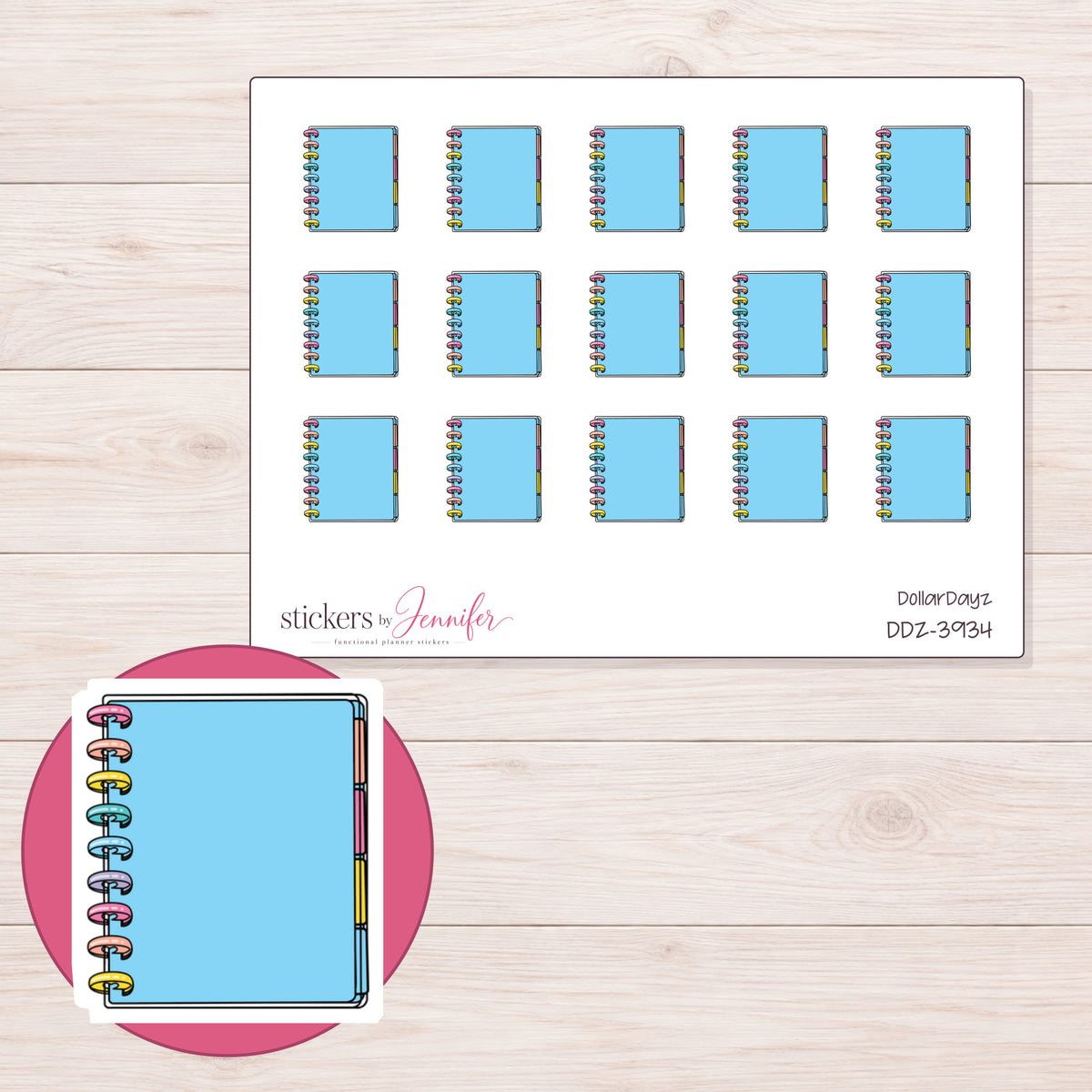 Blue Disc-Bound Planner Stickers | DDZ-3934 — 4 × 3 inch sheet and enlarged sticker detail