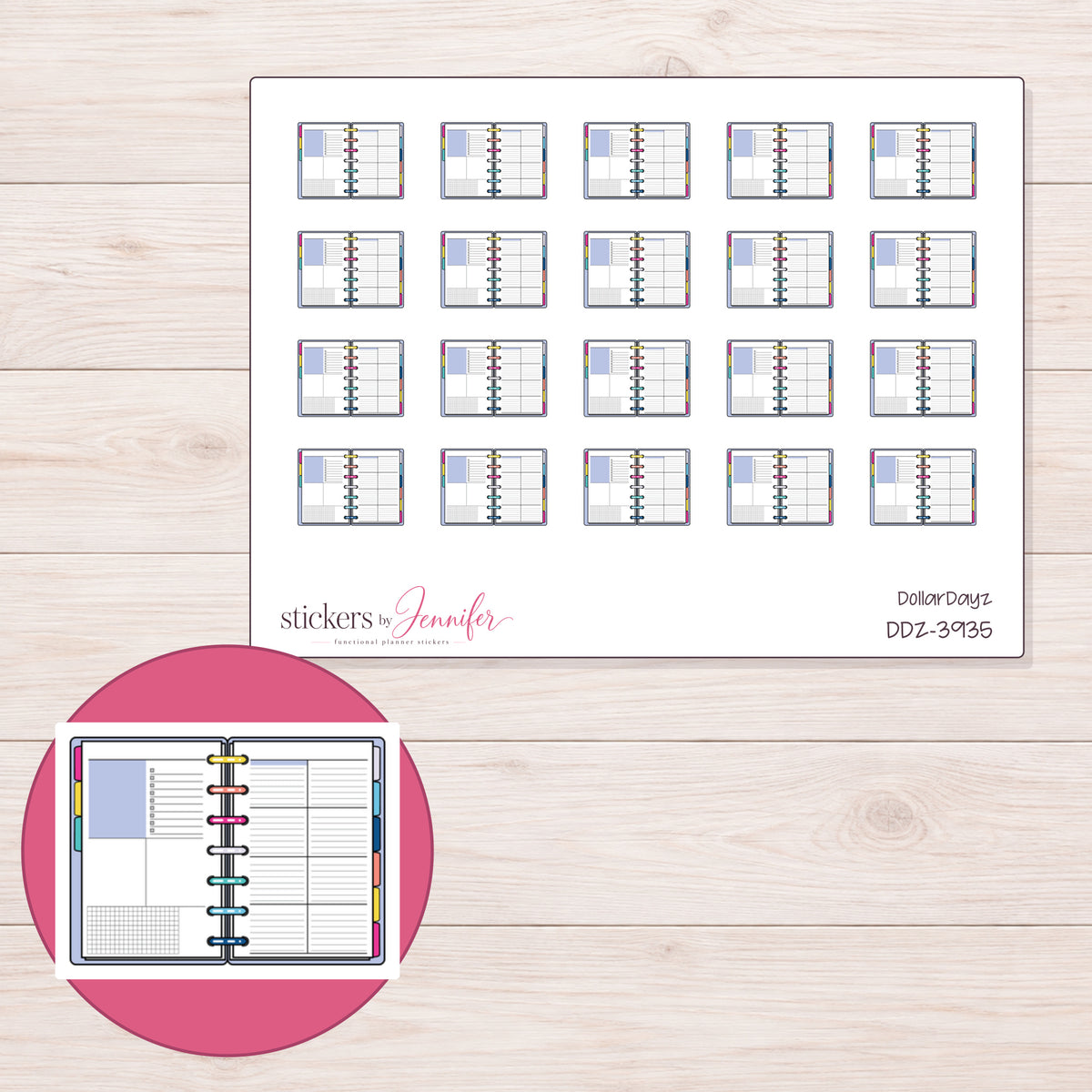 Open Lavender Accent Disc Planner Stickers | DDZ-3935 — 4 × 3 inch sheet and enlarged sticker detail