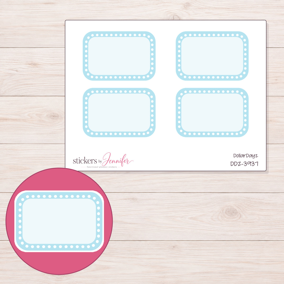 Blue Dotted Border Half Box Planner Stickers | DDZ-3937 — 4 × 3 inch sheet and enlarged sticker detail