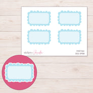 Blue Scalloped Half Box Label Planner Stickers | DDZ-3938 — 4 × 3 inch sheet and enlarged sticker detail