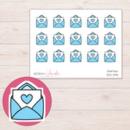 Blue Heart Happy Mail Planner Stickers | DDZ-3941 — 4 × 3 inch sheet and enlarged sticker detail