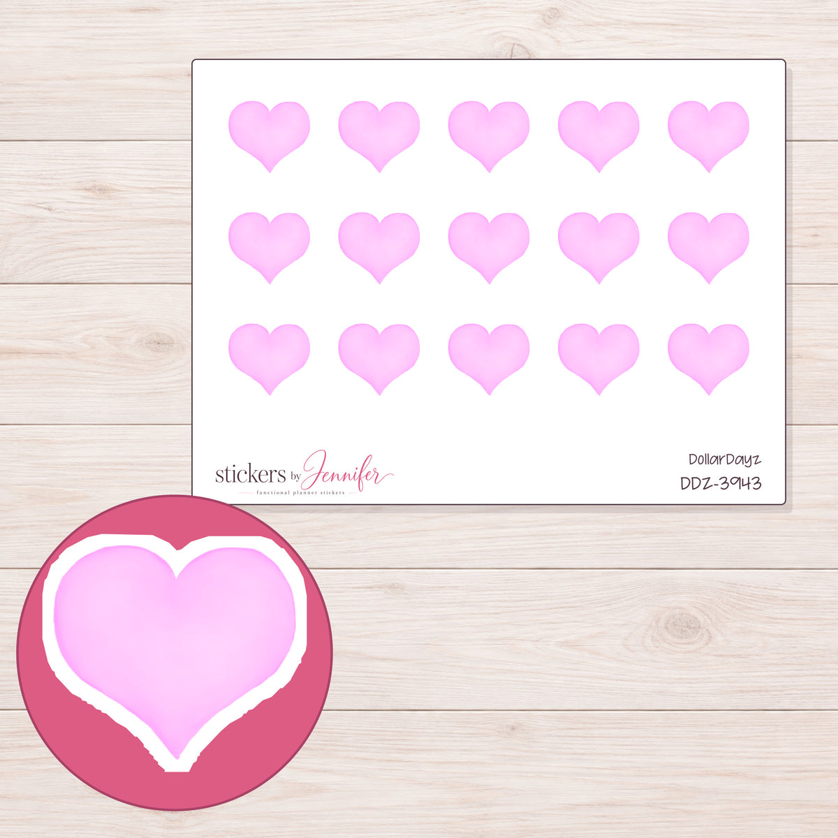 Orchid Pink Watercolor Heart Planner Stickers | DDZ-3943 — 4 × 3 inch sheet and enlarged sticker detail