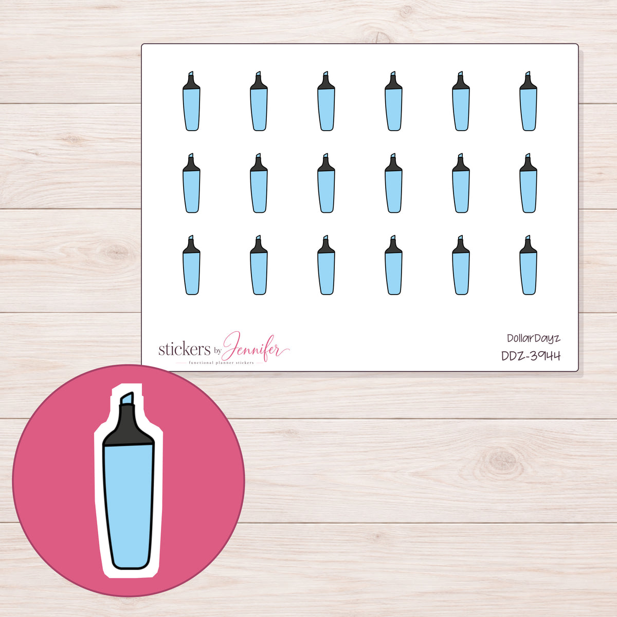 Blue Highlighter Planner Stickers | DDZ-3944 — 4 × 3 inch sheet and enlarged sticker detail