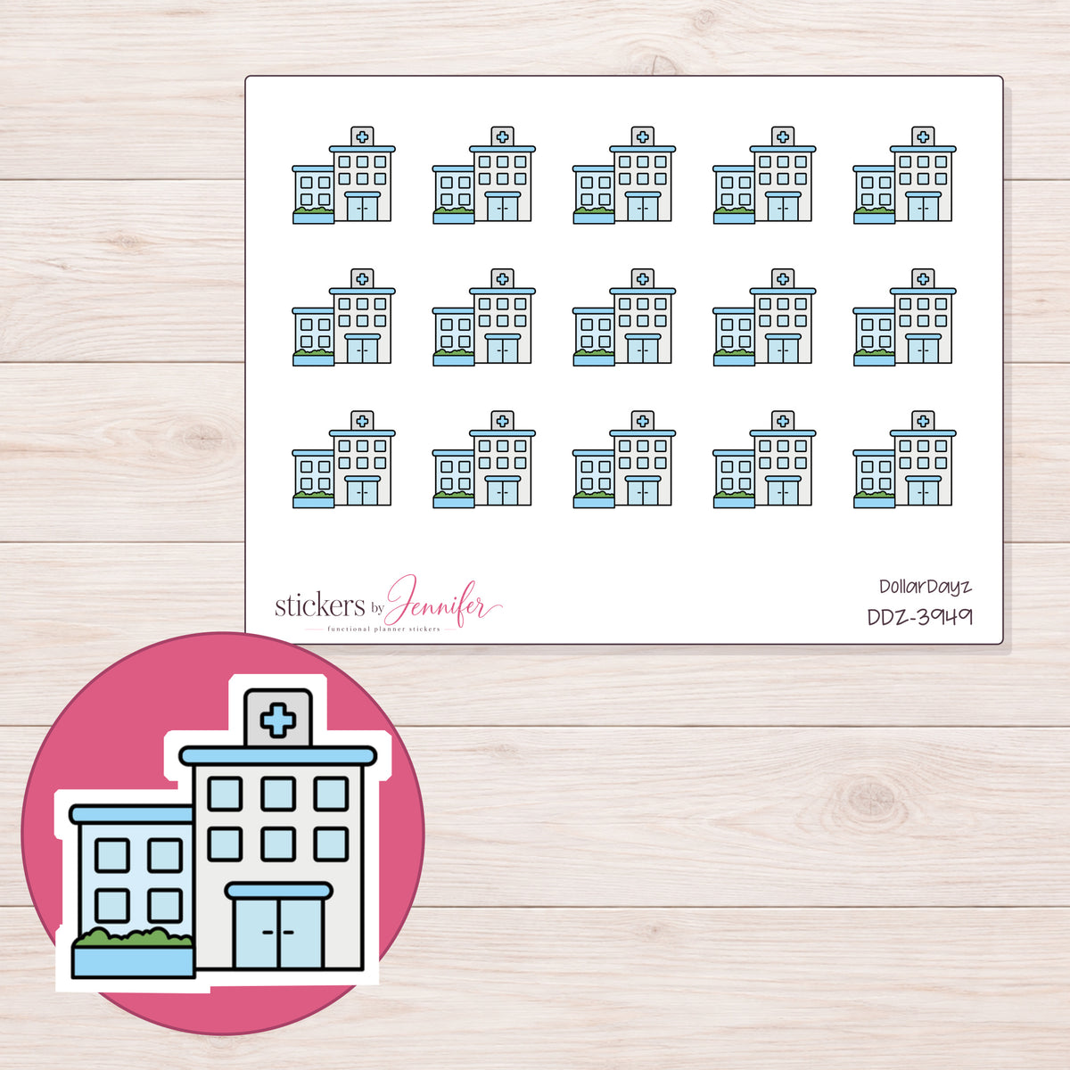 Blue Hospital Building Planner Stickers | DDZ-3949 — 4 × 3 inch sheet and enlarged sticker detail