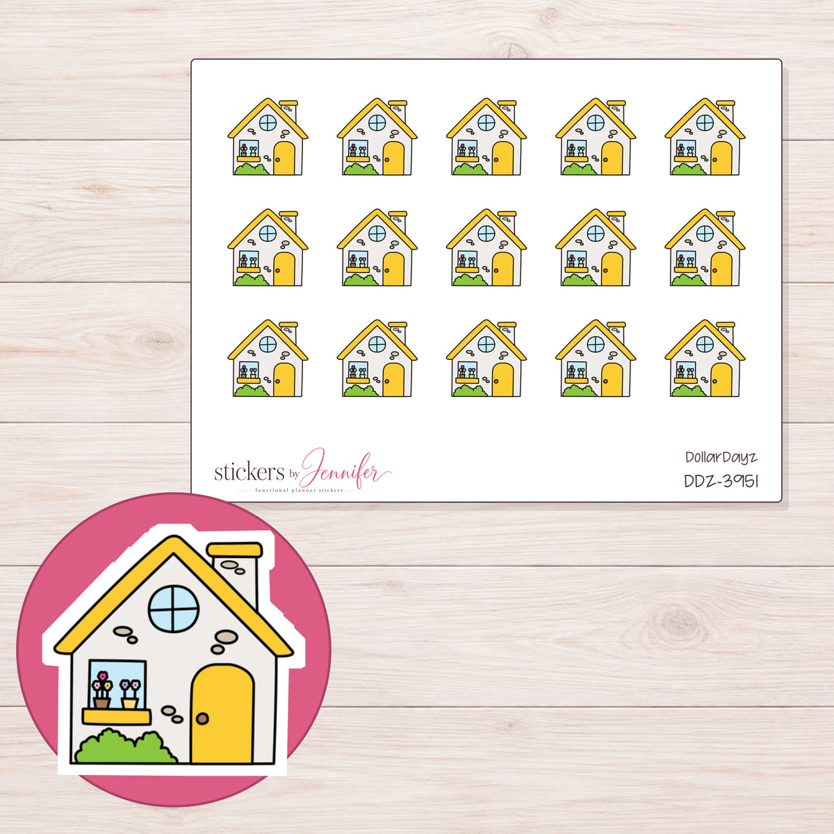 Yellow Roof House Planner Stickers | DDZ-3951 — 4 × 3 inch sheet and enlarged sticker detail