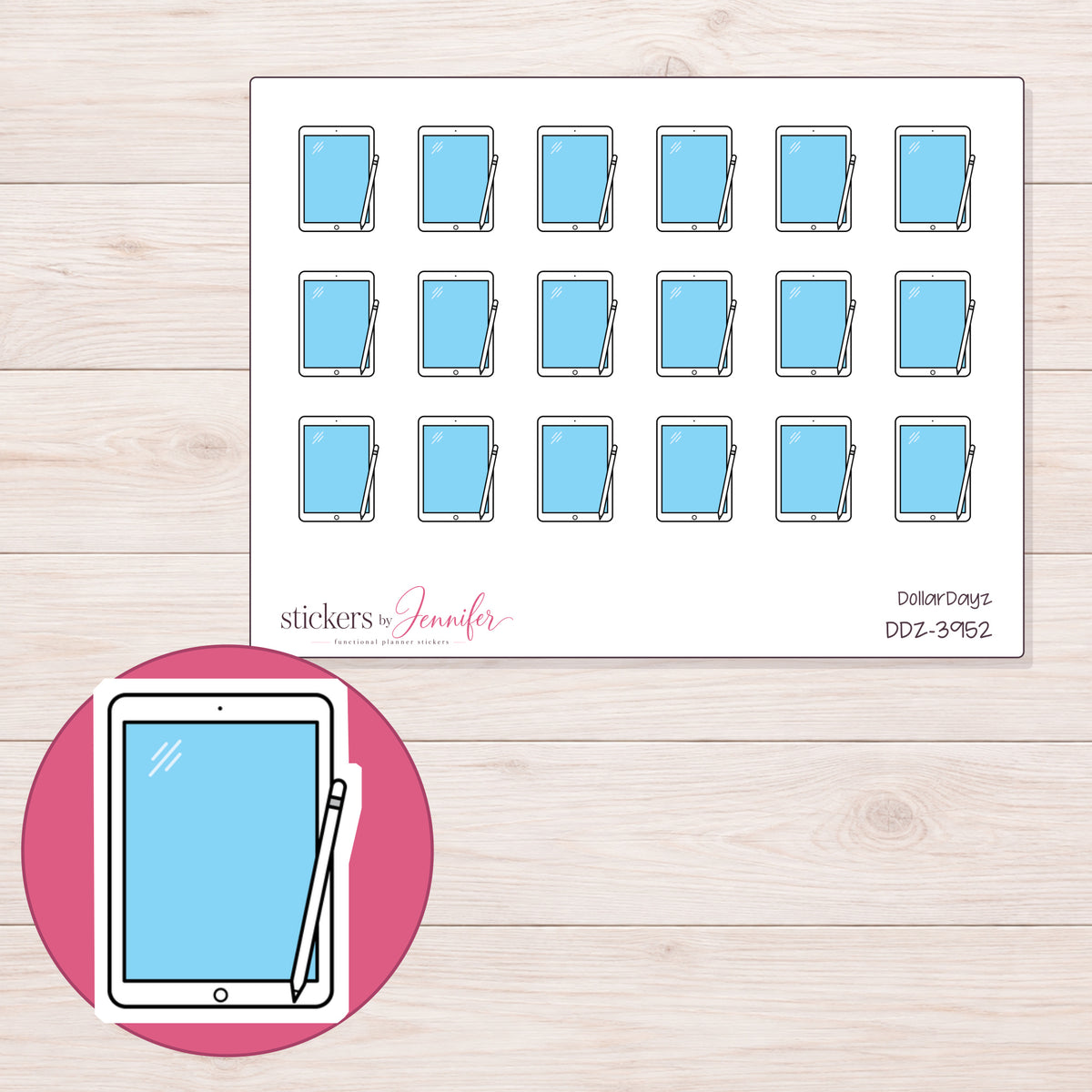Blue Tablet and Stylus Planner Stickers | DDZ-3952 — 4 × 3 inch sheet and enlarged sticker detail