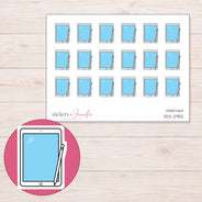 Blue Tablet and Stylus Planner Stickers | DDZ-3952 — 4 × 3 inch sheet and enlarged sticker detail